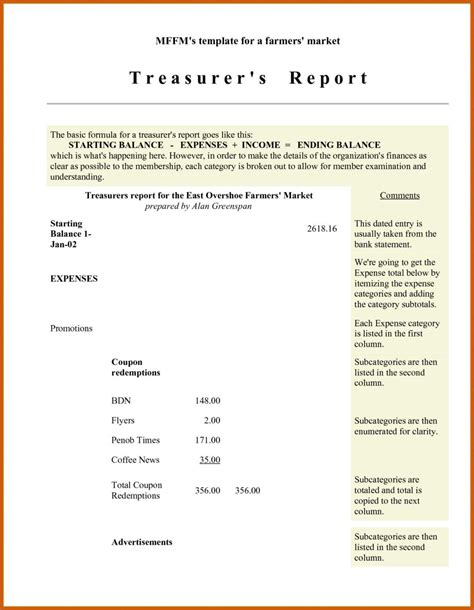 monthly non profit treasurer report template
